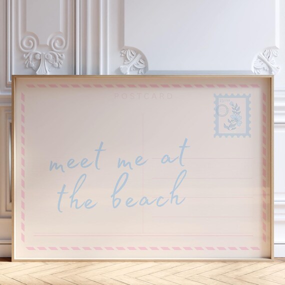Meet Me At The Beach Vintage Postcard Style Coastal Quote Wall Art