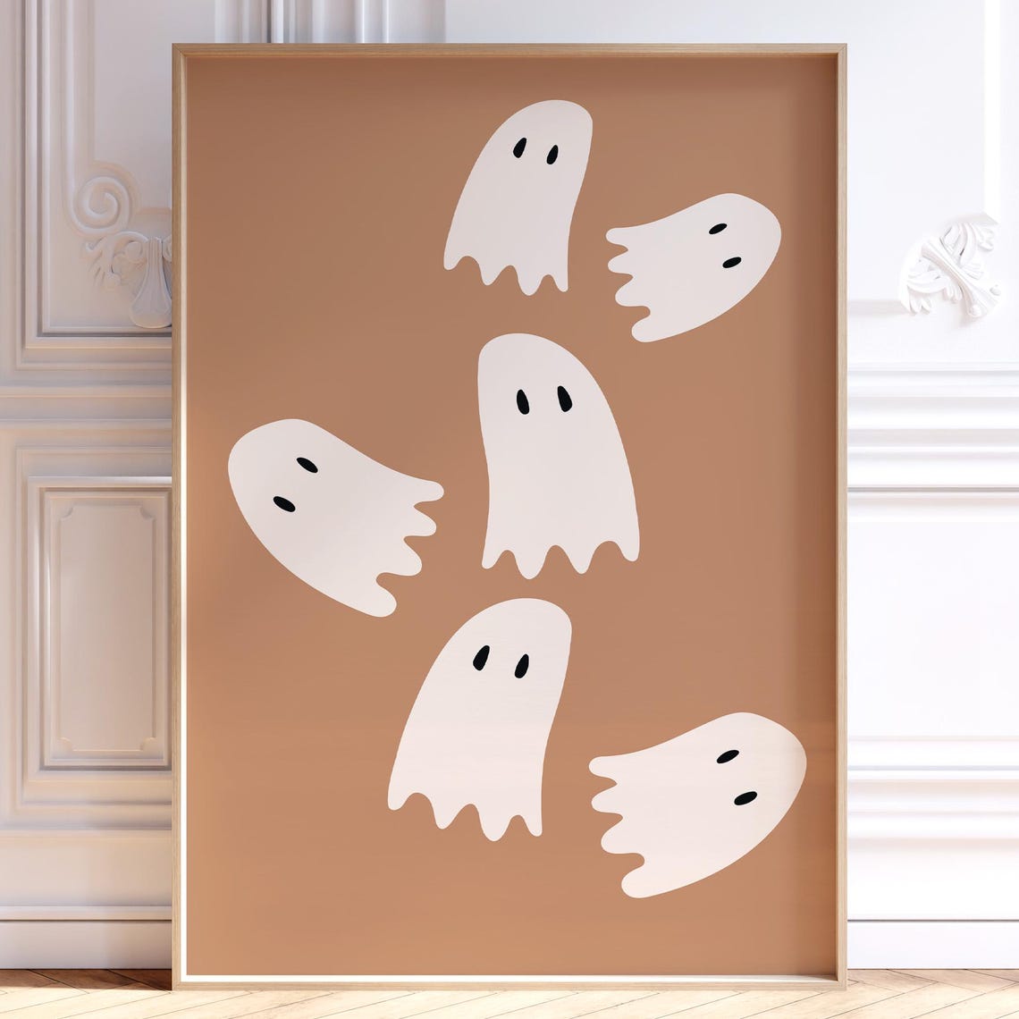 Cute Ghosts Halloween Print Neutral Poster Trendy Seasonal Fall Decor Brown White Autumn Wall Art