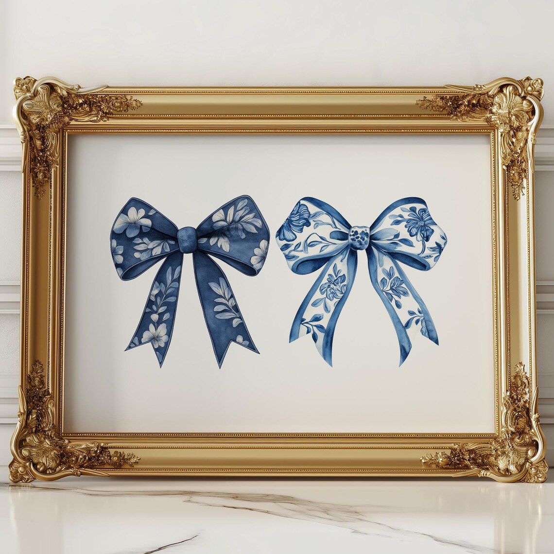 Chinoiserie Blue White Floral Bow Pair Gold Frame Elegant Style Poster