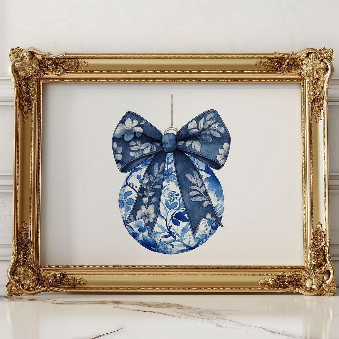 Chinoiserie Christmas Ornament Blue Bow Elegant Holiday Print