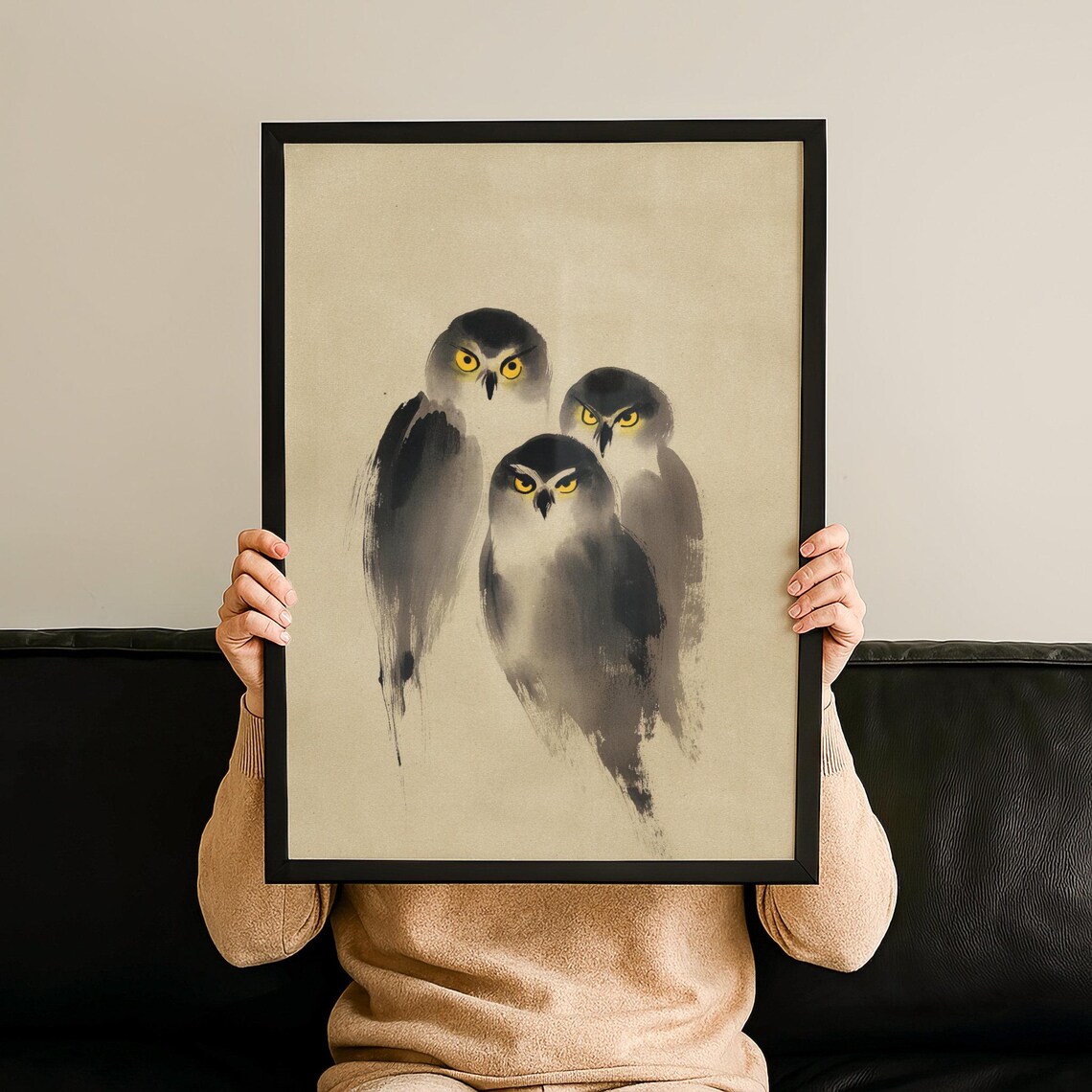 Japanese Owl Trio Minimalist Sumi Ink Zen Bird Watercolor Art Poster