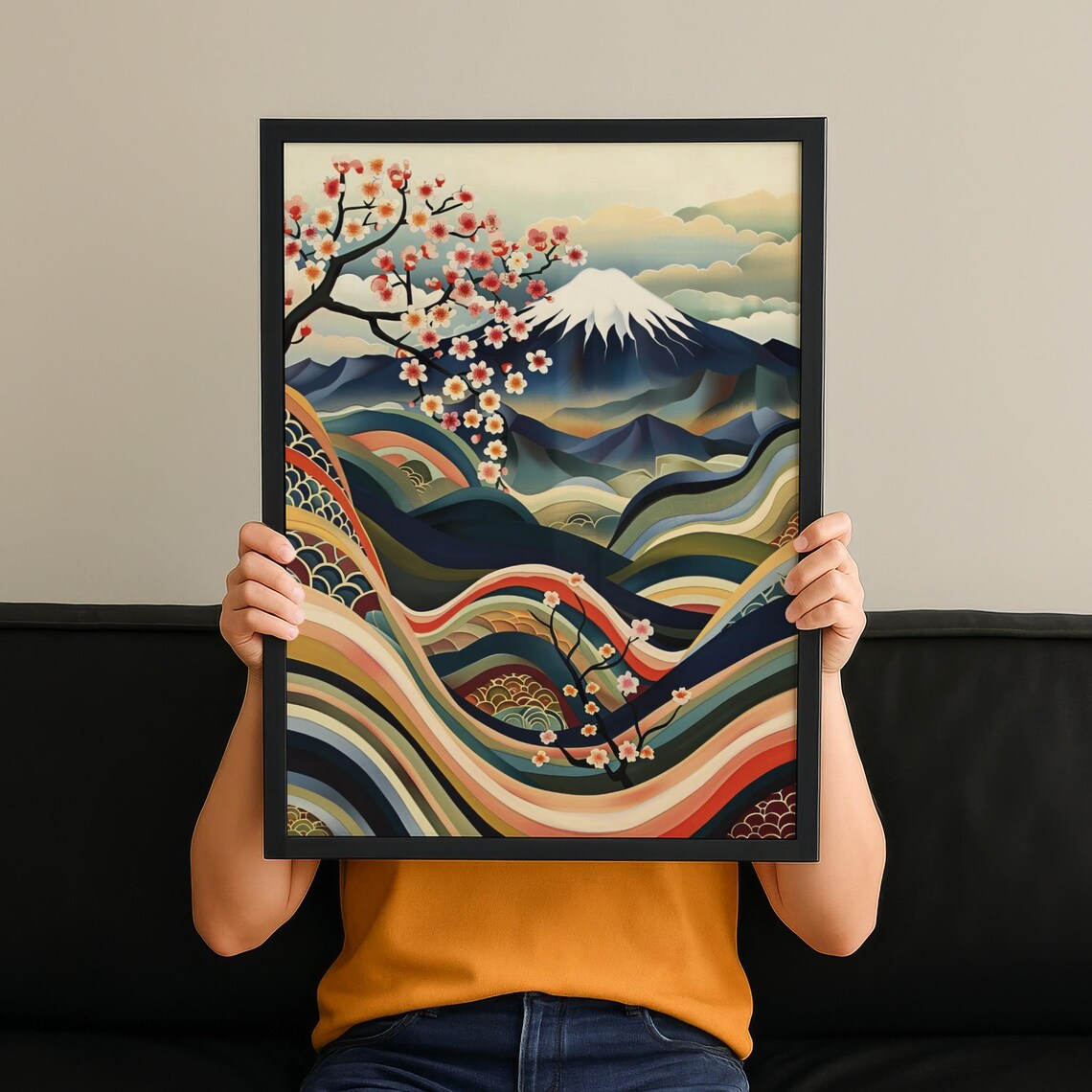 Mount Fuji Cherry Blossom Abstract Japanese Hills Waves Art Print
