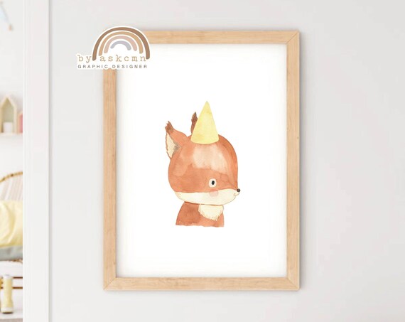 Cute Watercolor Baby Fox Poster with Yellow Party Hat Nursery Art