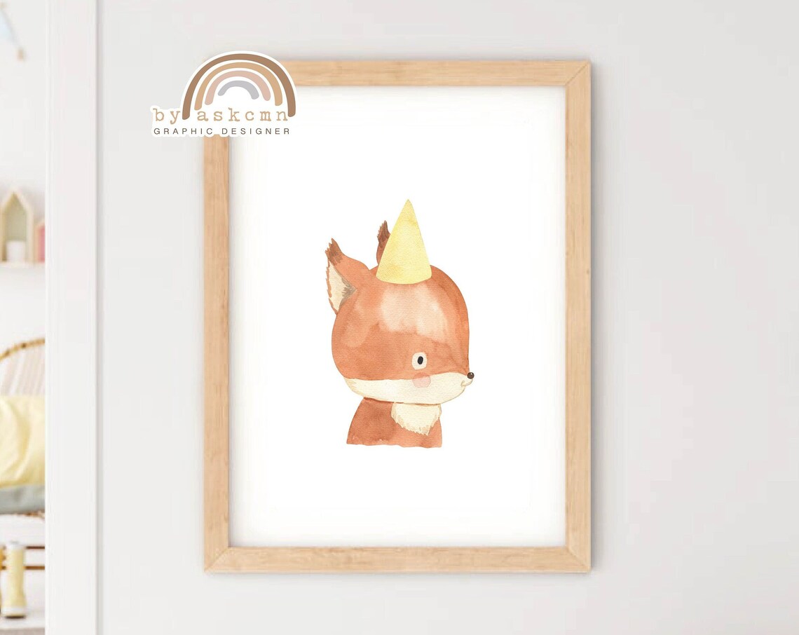 Cute Watercolor Baby Fox Poster with Yellow Party Hat Nursery Art