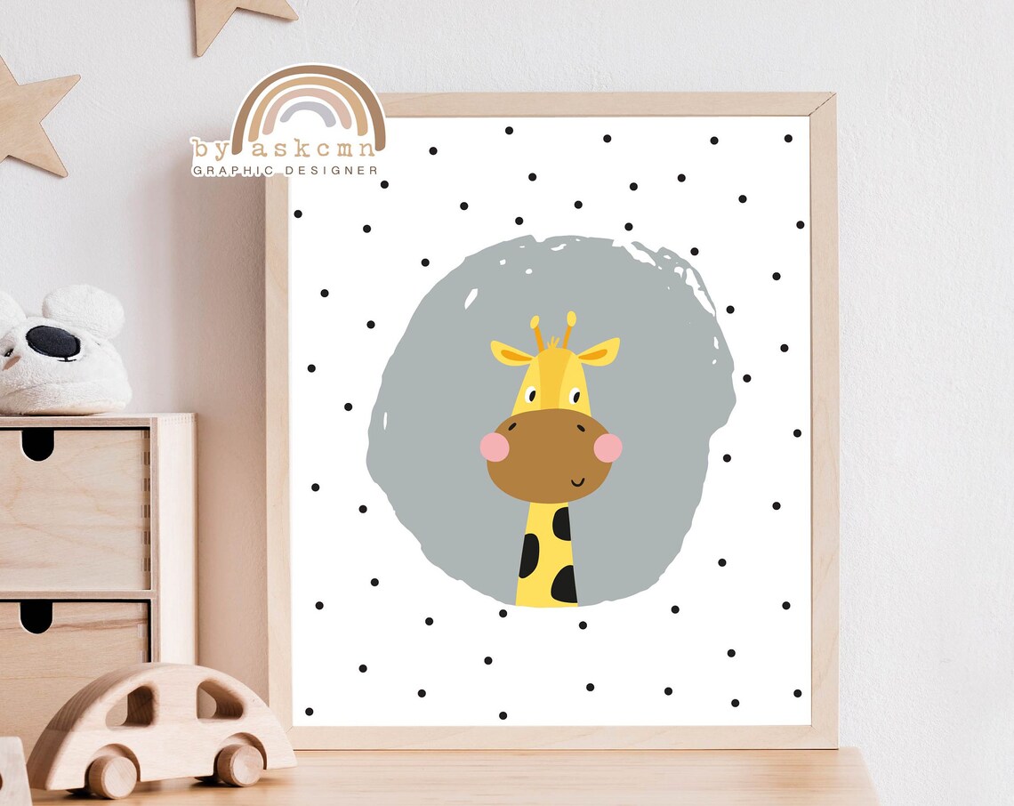 Cute Baby Giraffe Nursery Gray Circle Safari Kids Room Poster
