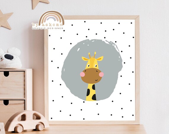 Cute Baby Giraffe Nursery Gray Circle Safari Kids Room Poster