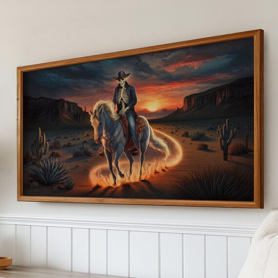Frame Tv Art Western Halloween Cowboy Ghost Earthy Rustic Fall Skeleton Rider Desert Landscape Painting Moody Autumn Tv Screen 4k