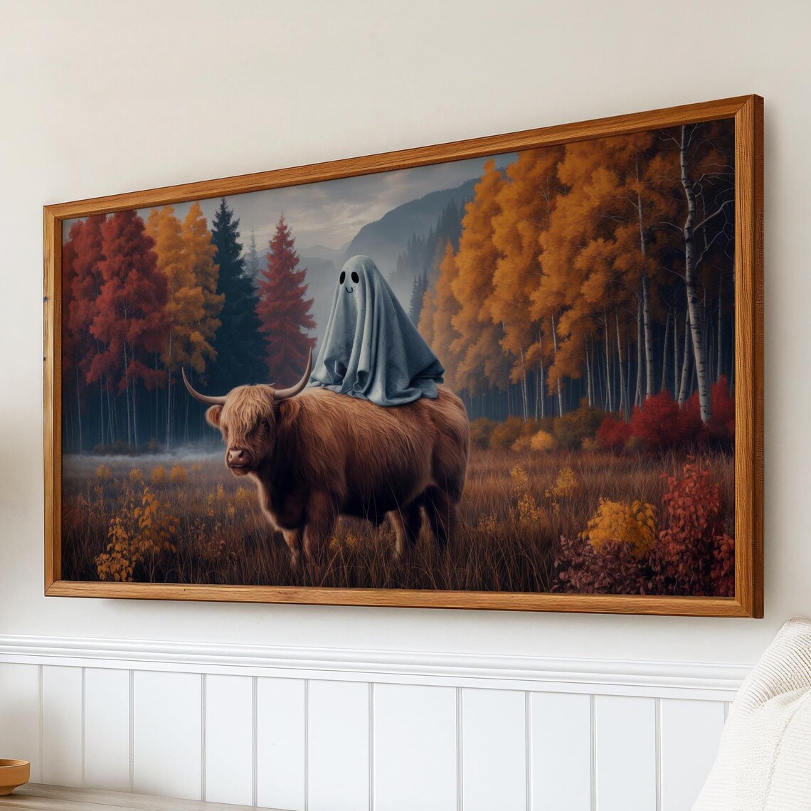 Highland Cow Ghost Rider Autumn Forest Cute Spooky Halloween Funny Poster - Image 3