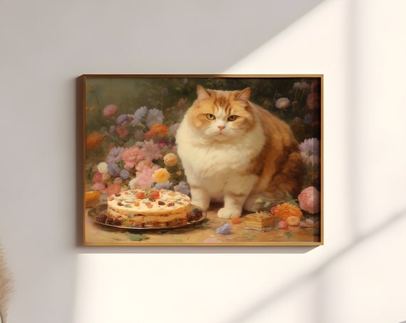 Claude Monet Style Painting Cat And Cake Fat Gift For Lover Mom Dessert Wildflowers