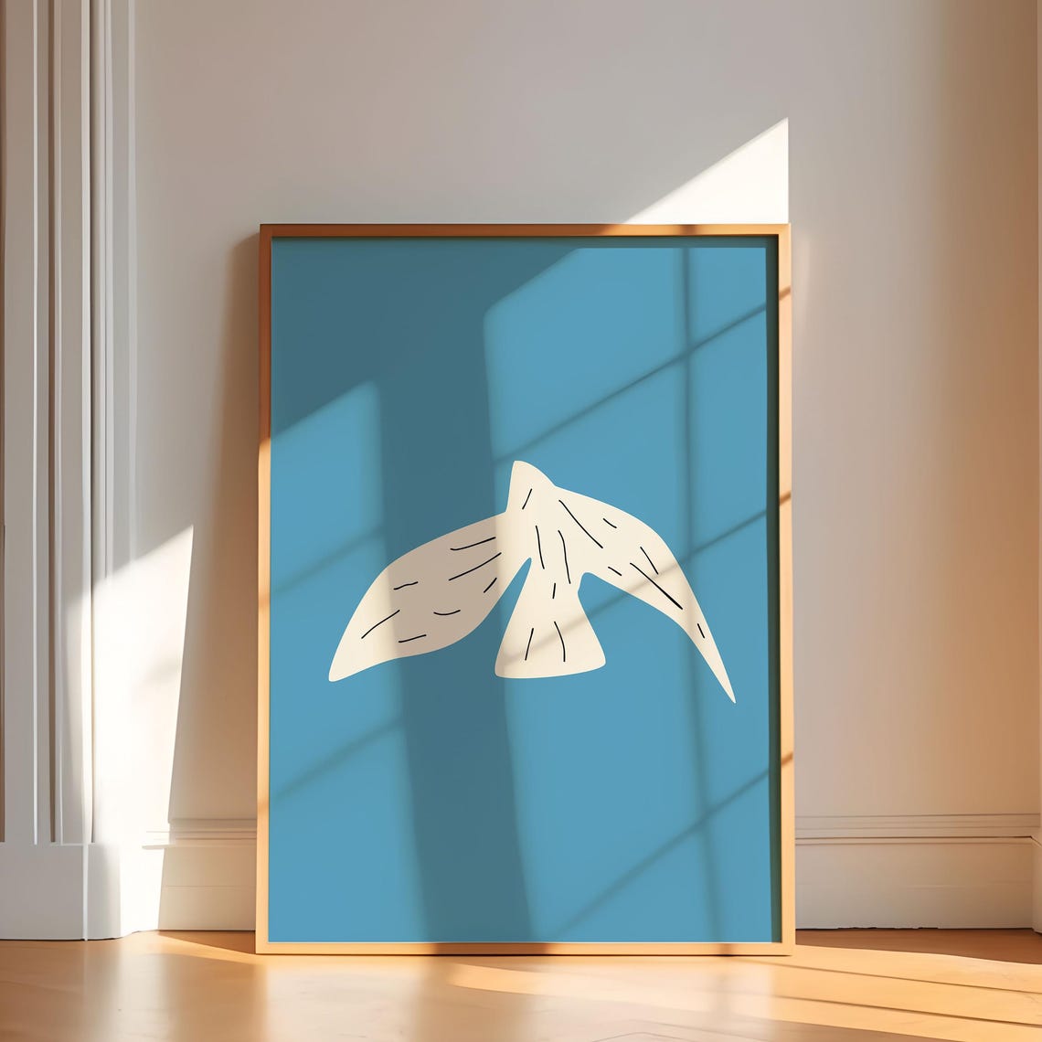 Minimalist White Bird on Sky Blue Abstract Modern Art Poster