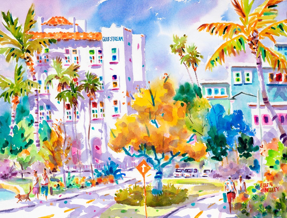 Gulfstream Hotel Lake Worth Florida Street Watercolor Poster