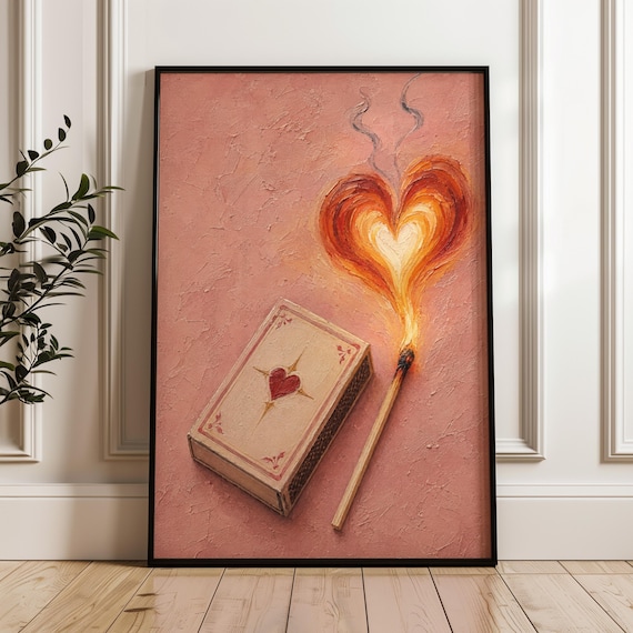 Heart Flame Matchbox Poster Romantic Pink Wall Art Vintage Love Print Playful Bedroom Decor