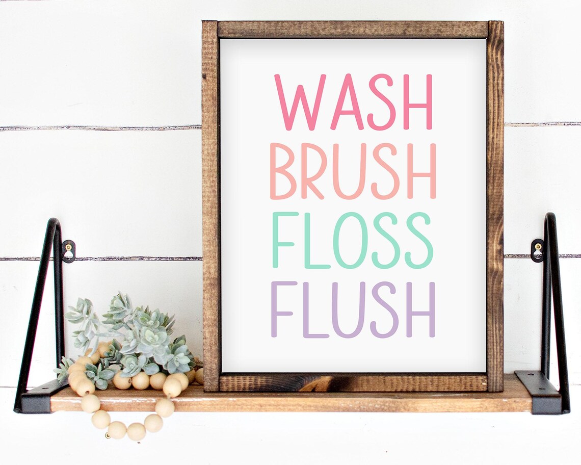 Wash Brush Floss Flush Pastel Bathroom Sign Kids Hygiene Rules Poster - Image 3