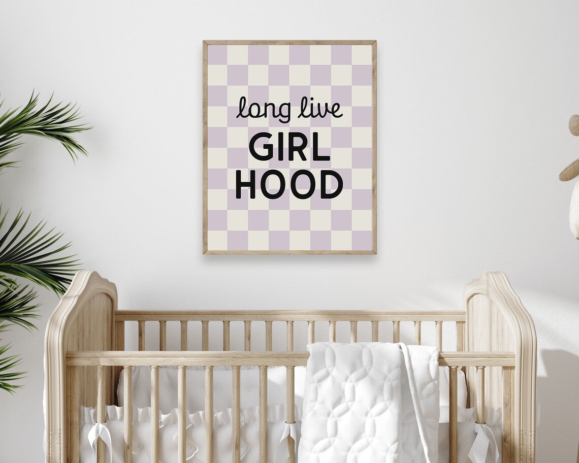 Long Live Girlhood Lilac Checkerboard Retro Girls Room Quote Wall Art - Image 4