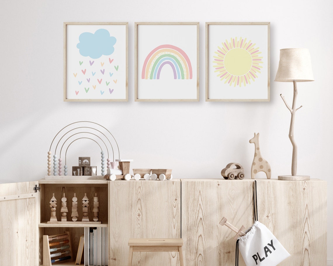 Faded Pastel Rainbow Wall Art Sun Print Cloud Nursery Decor Boho Rainbow Print Pale Rainbow Baby Nursery Decor - Image 3