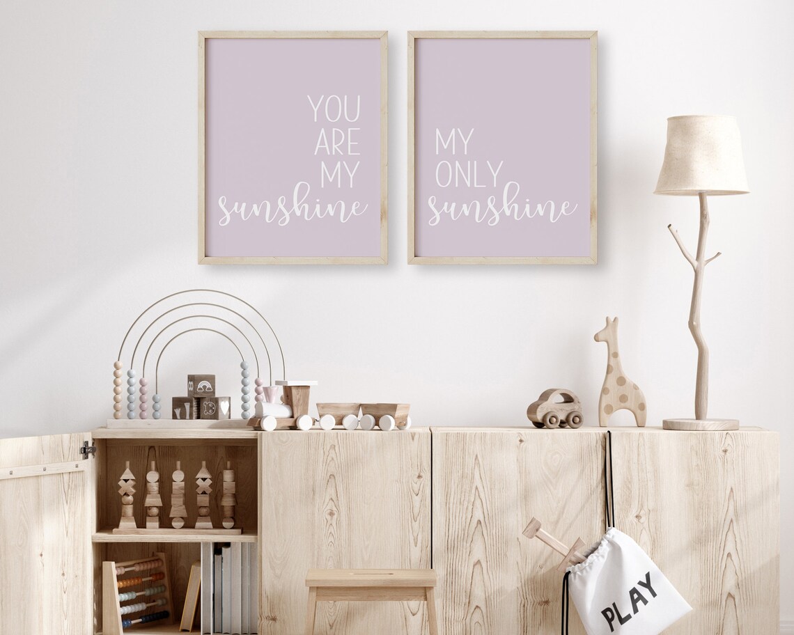 Lilac You Are My Sunshine Set of 2 Boho Nursery Quote Wall Art Prints - Image 4