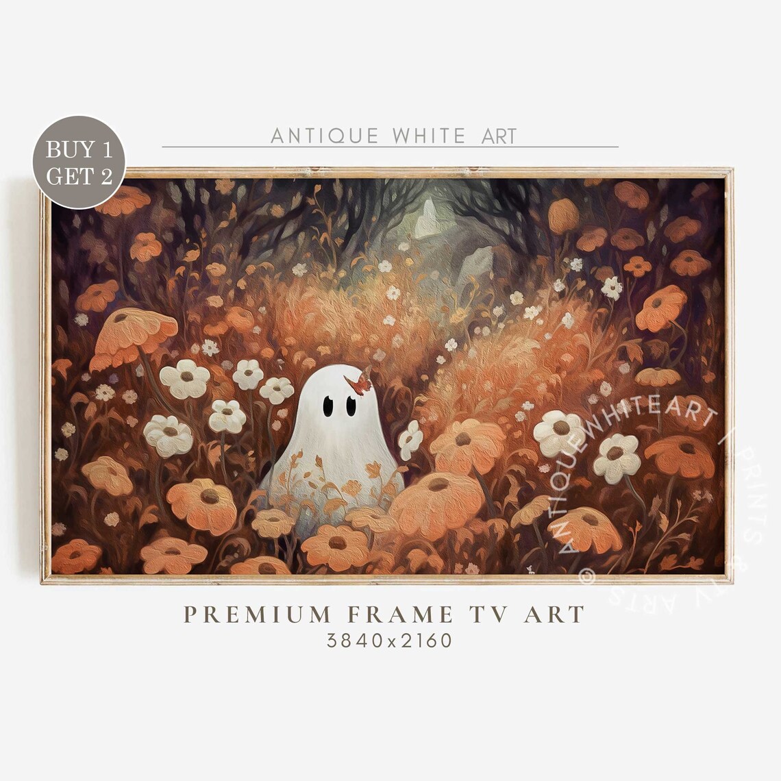 Cute Ghost Orange Wildflowers Autumn Garden Vintage Halloween Wall Art Print