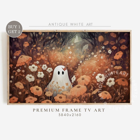 Cute Ghosts In Wildflowers Landscape Frame Tv Art Halloween Art For Tv Wildflower Vintage Painting For Tv Neutral Halloween Decor Tv116
