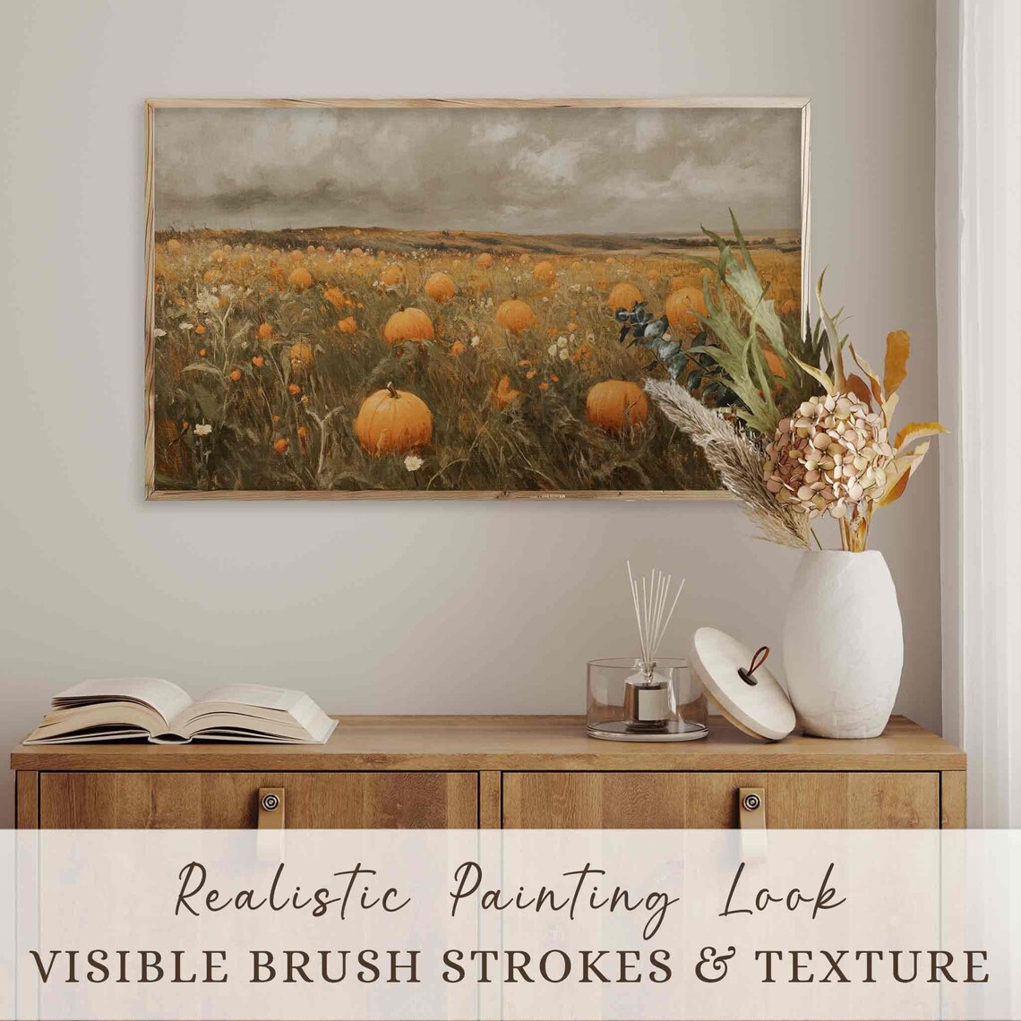 Pumpkin Patch In Wildflower Field Under Cloudy Sky Rustic Fall Harvest Art Poster - Image 2
