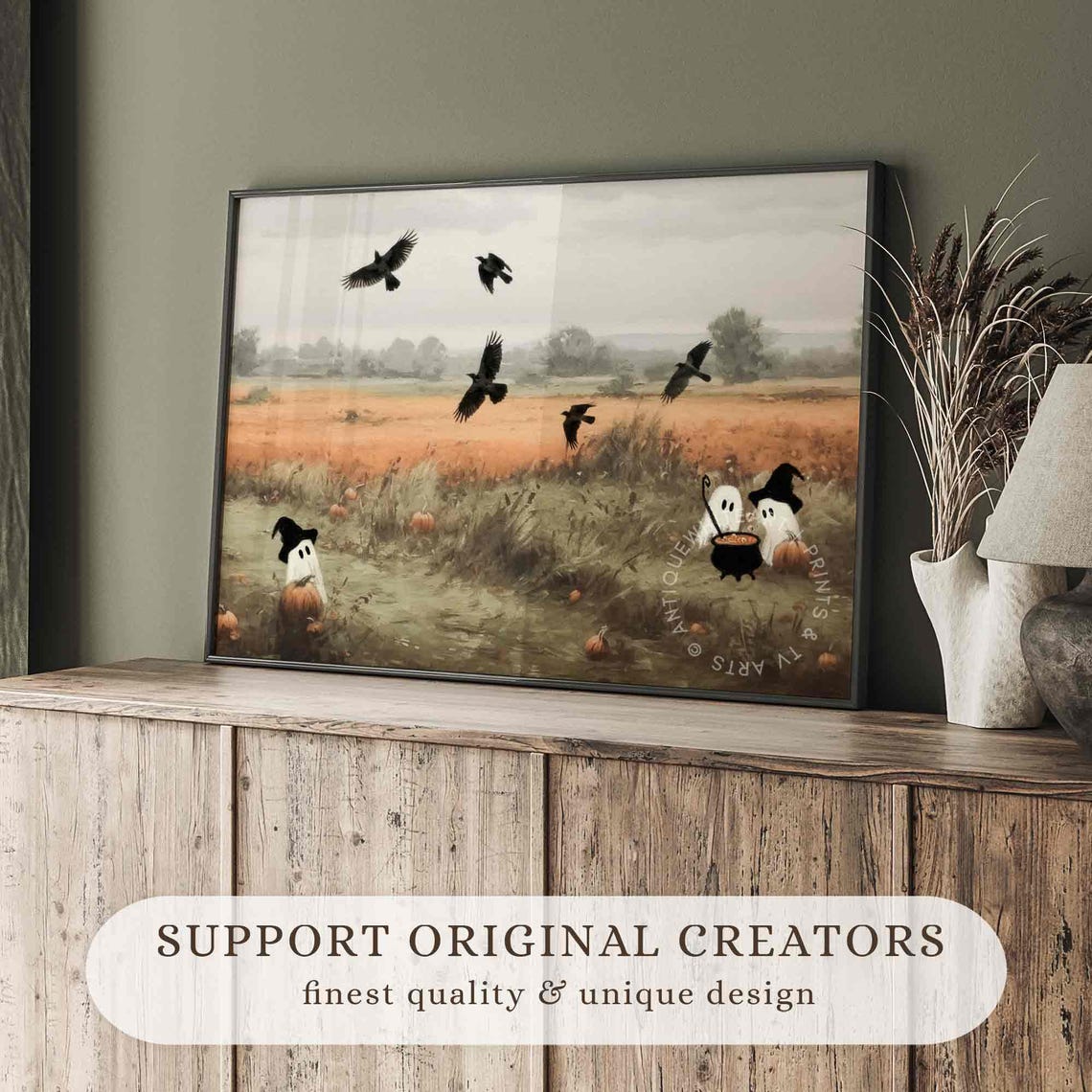 Halloween Wall Art Cute Ghost In A Field Painting Witchy Farmhouse Halloween Decor Cottagecore Fall Prints A310 - Image 2
