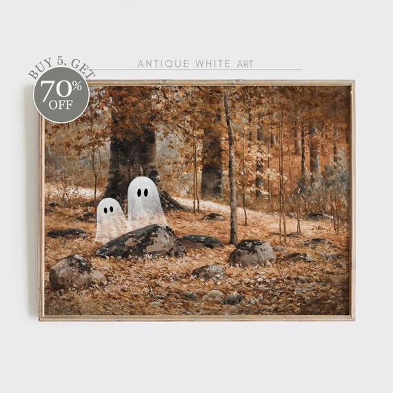 Cute Ghosts Golden Autumn Forest Oil Painting Fall Woodland Halloween Poster