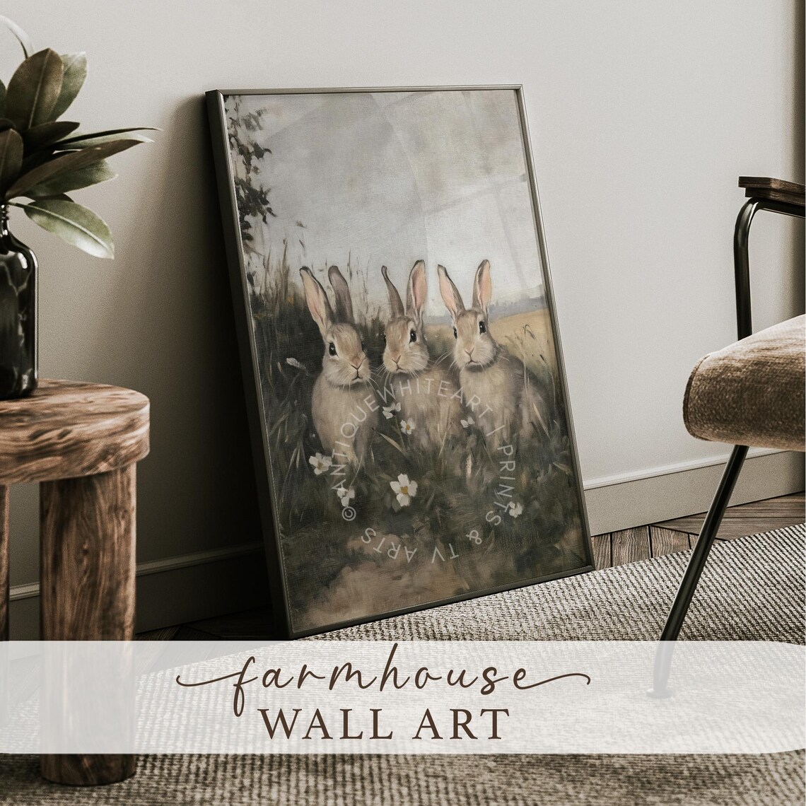 Three Baby Bunnies Meadow Vintage Rabbit Oil Painting Antique Animal Print - Image 4