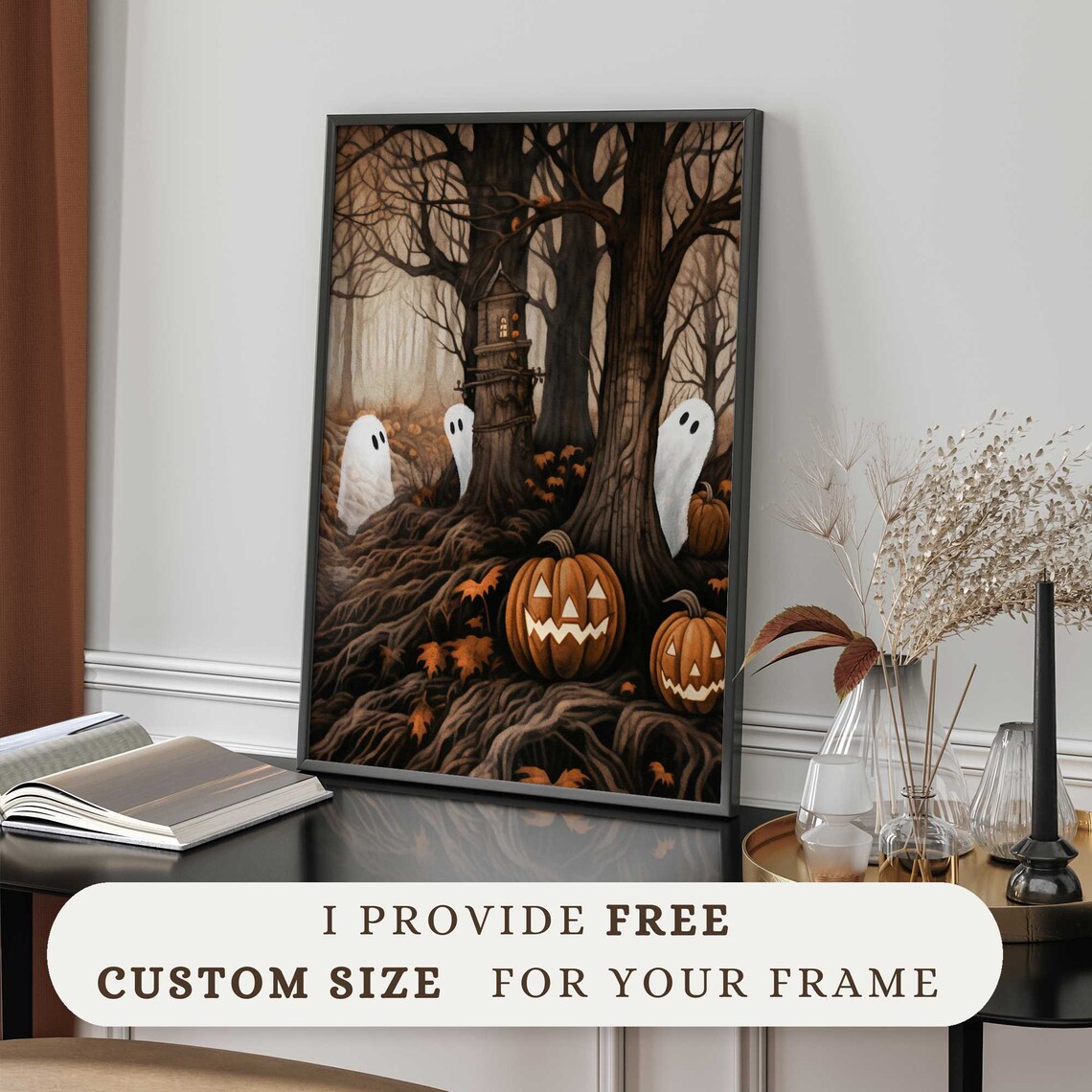 Cute Halloween Ghosts Spooky Haunted Forest Pumpkins Vintage Painting Print - Image 2