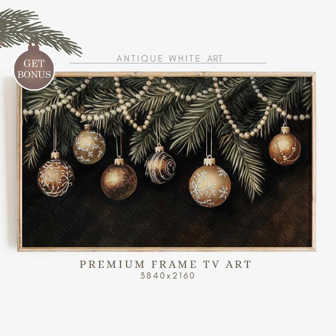 Bronze Christmas Ornaments On Pine Branch Moody Holiday Wall Art