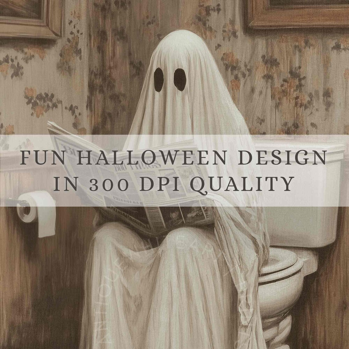 Ghost Reading Newspaper On Toilet In Vintage Bathroom Funny Halloween Poster - Image 3
