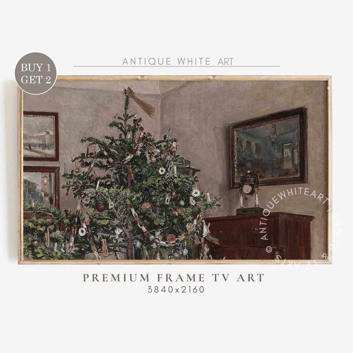 Vintage Christmas Tree Frame Tv Art Antique Dark Oil Painting For Tv Farmhouse Christmas Wall Decor Art File Tv101