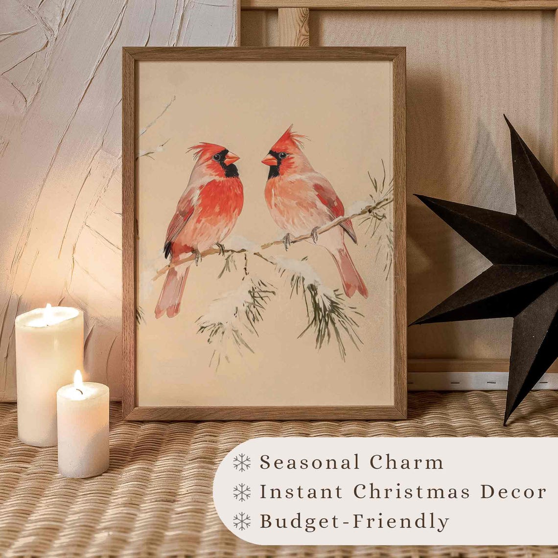 Vintage Red Cardinal Pair On Snowy Pine Branch Winter Bird Wall Art - Image 3