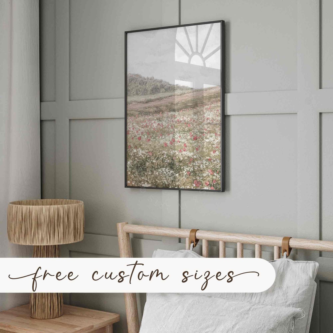 Vintage Wildflower Meadow Rolling Hills Pink Bloom Art Wall Print - Image 4