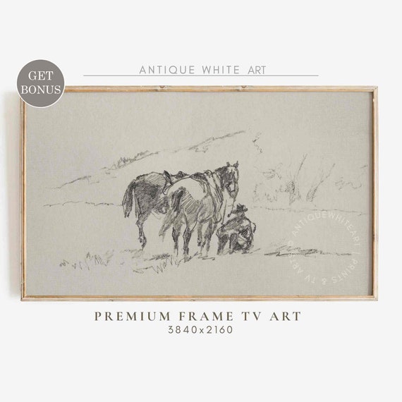 Neutral Sketch Frame Tv Art Western Cowboy Art For Frame Tv Minimalist Vintage Sketch Warm Pastel Tone Tv295