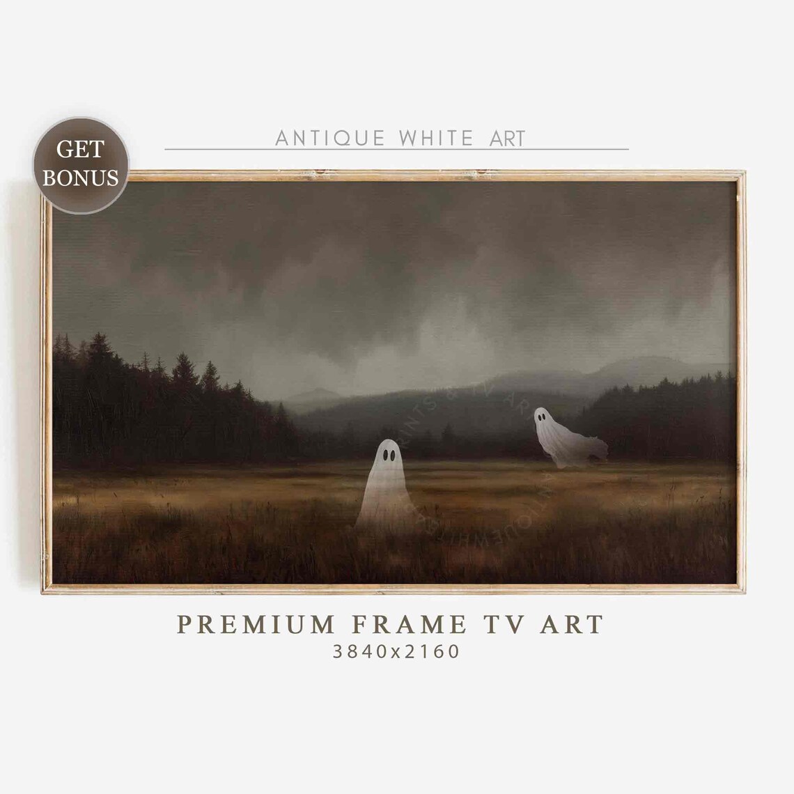 Two Ghosts In Stormy Field Under Moody Gray Sky Vintage Dark Halloween Poster