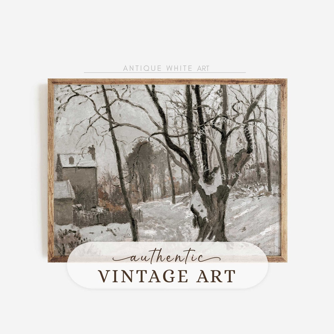 Bare Twisted Trees Snowy Cottage Muted Winter Vintage Landscape Print - Image 3