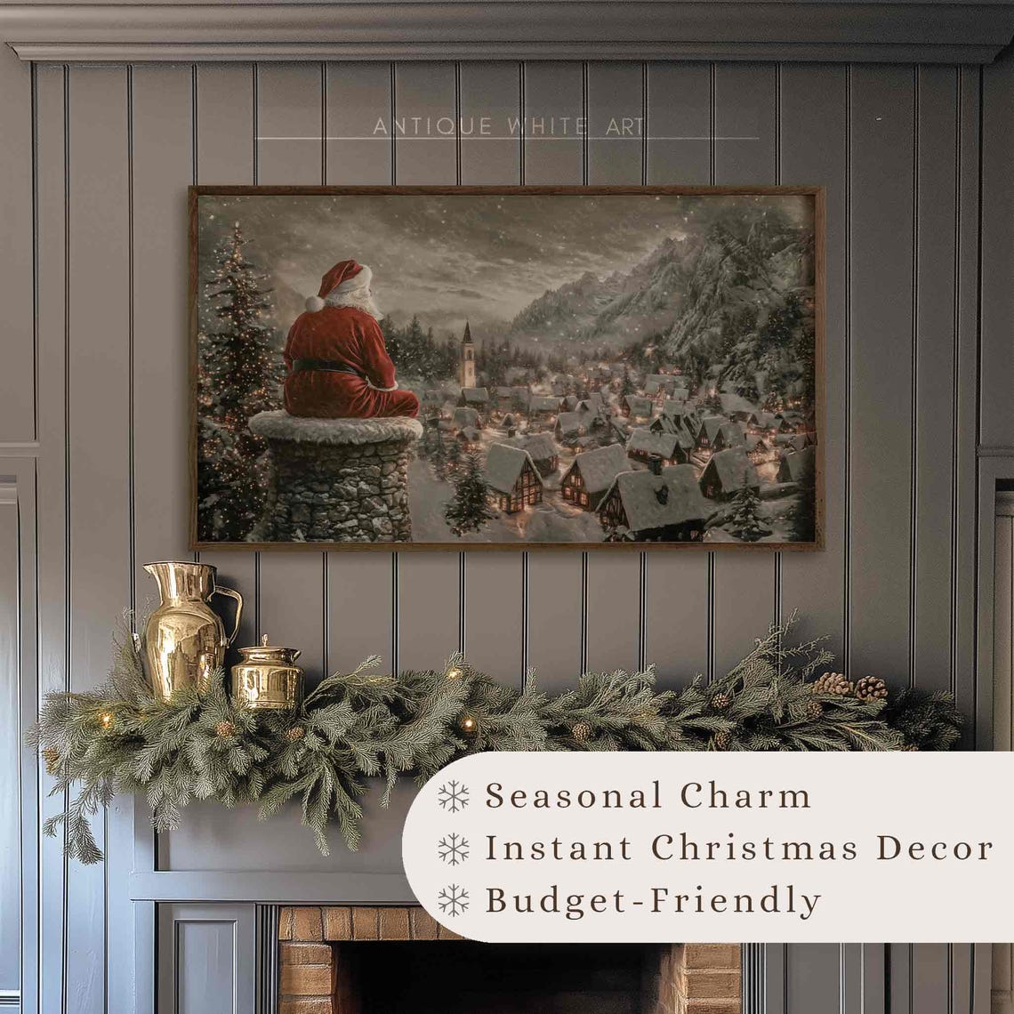 Santa Overlooking Snowy Mountain Village At Night Christmas Poster - Image 3