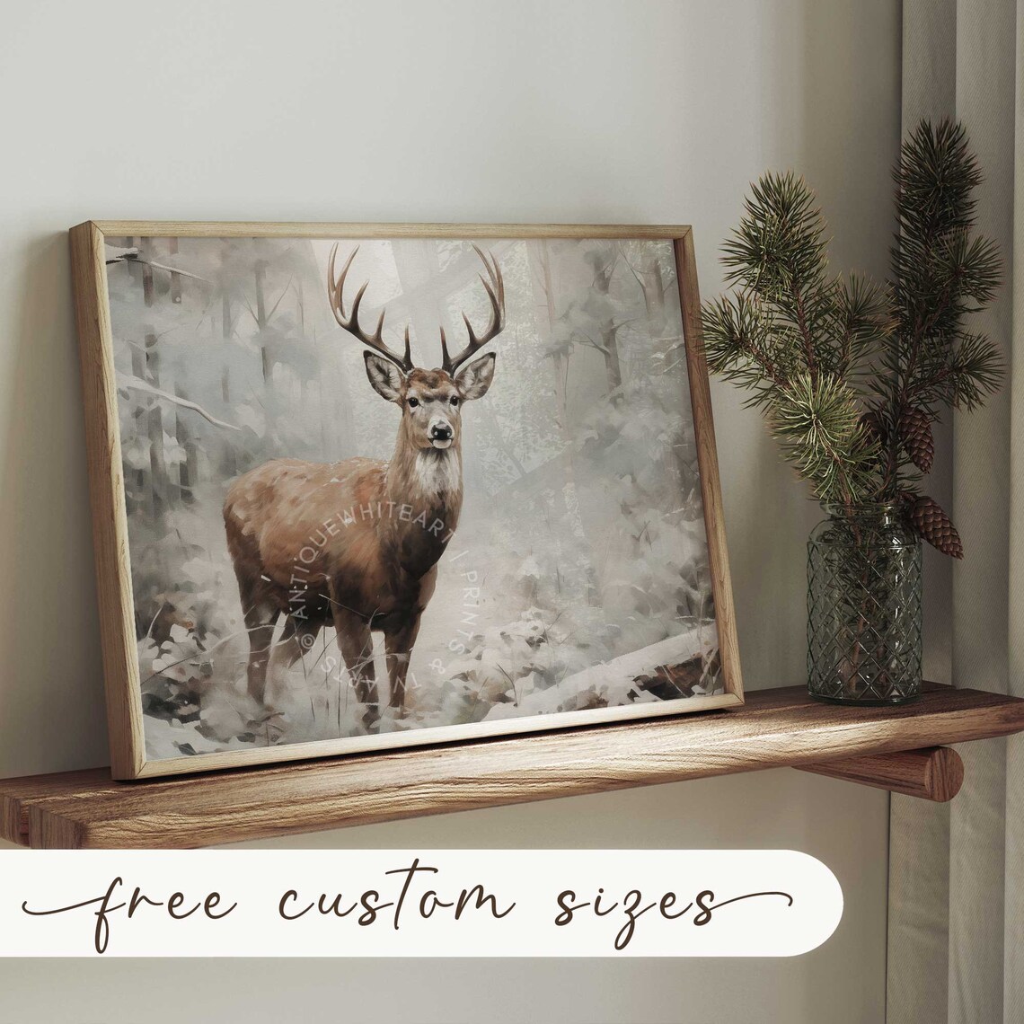 Vintage Deer In Winter Art Print, Farmhouse Holiday - Image 2