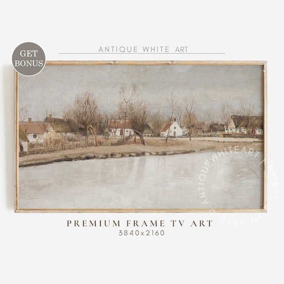 Winter Village Country Painting, Neutral Vintage Landscape