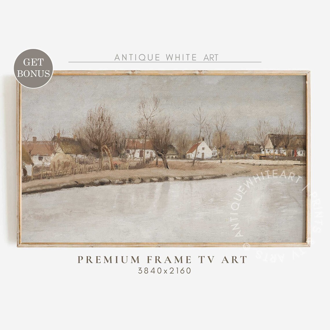 Winter Village Country Painting, Neutral Vintage Landscape