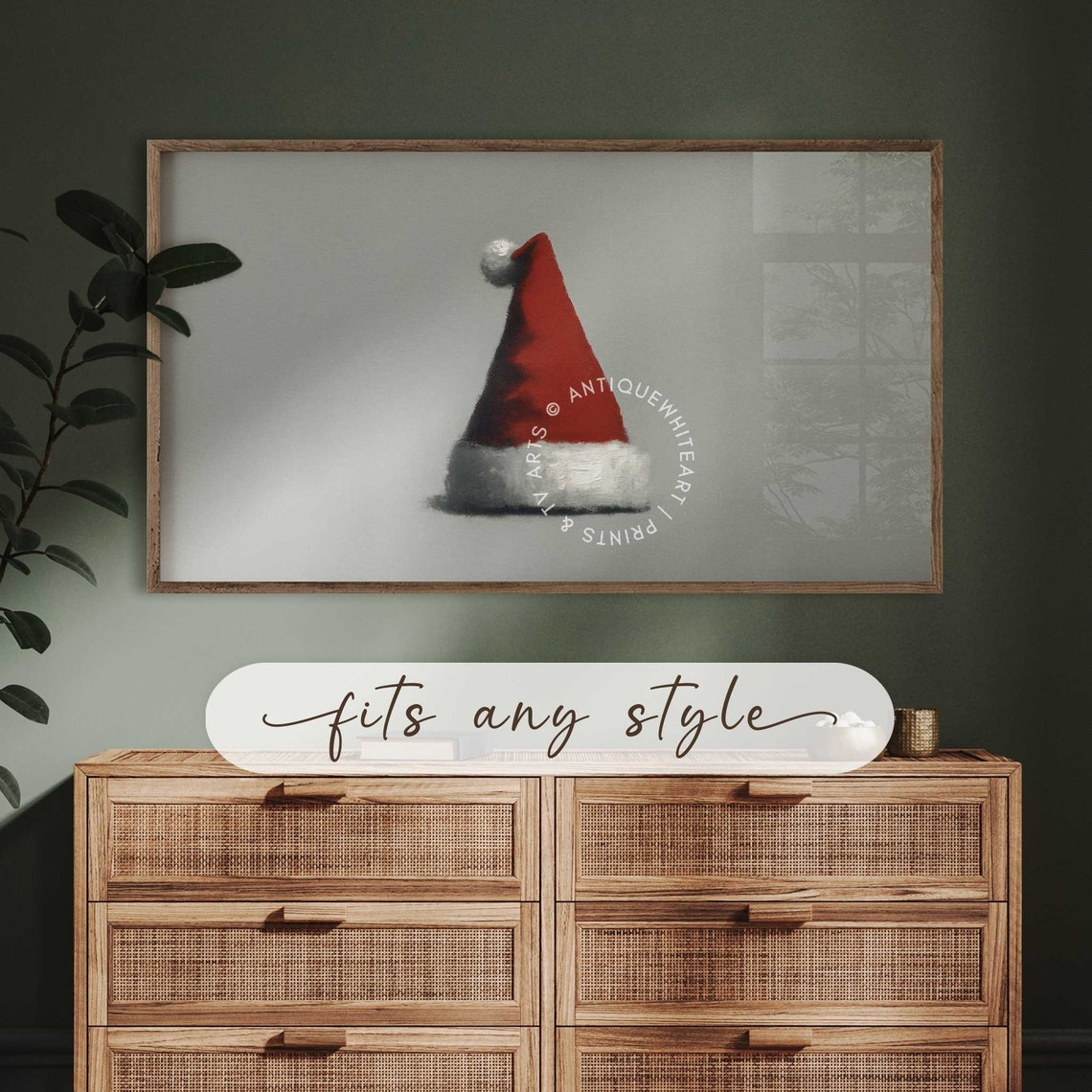 Vintage Christmas Frame Tv Art Santa Claus Hat Moody Painting For Tv Farmhouse Christmas Christmas Hat Holiday Decor Wa7 - Image 3
