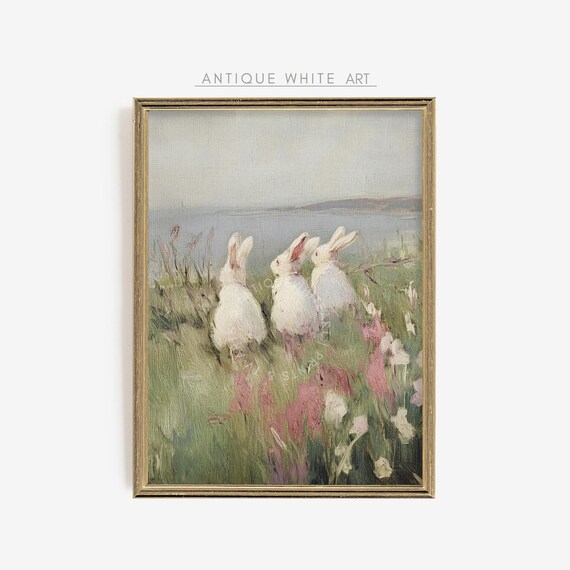 Three White Bunnies Wildflower Meadow Coastal Spring Oil Painting Print