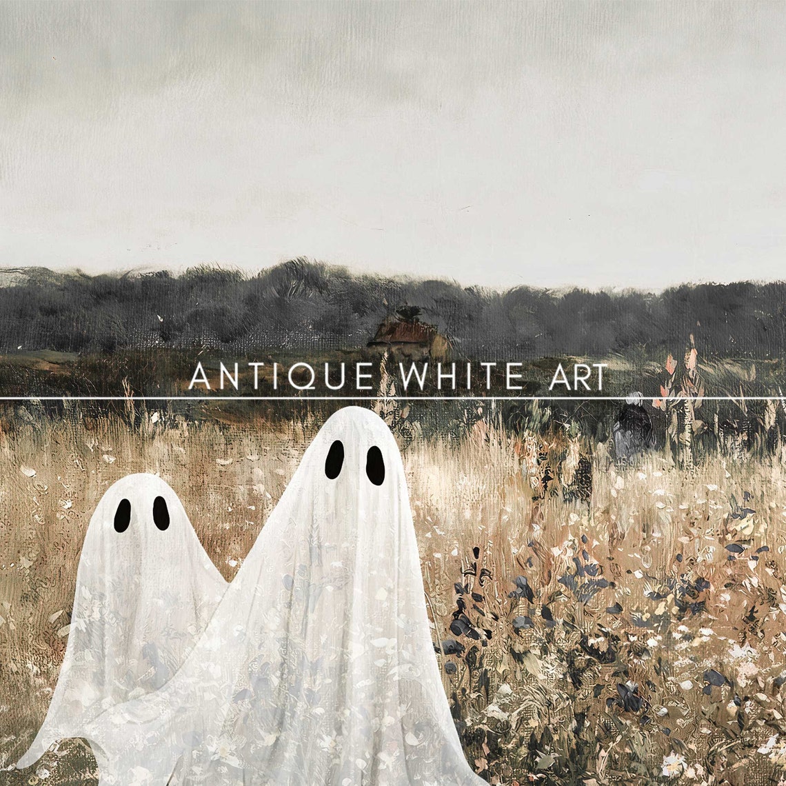 Cute Ghosts Autumn Meadow Vintage Halloween Spooky Cute Art Poster - Image 4