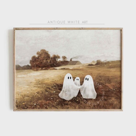 Ghost Family Autumn Field Vintage Fall Landscape Cute Halloween Poster
