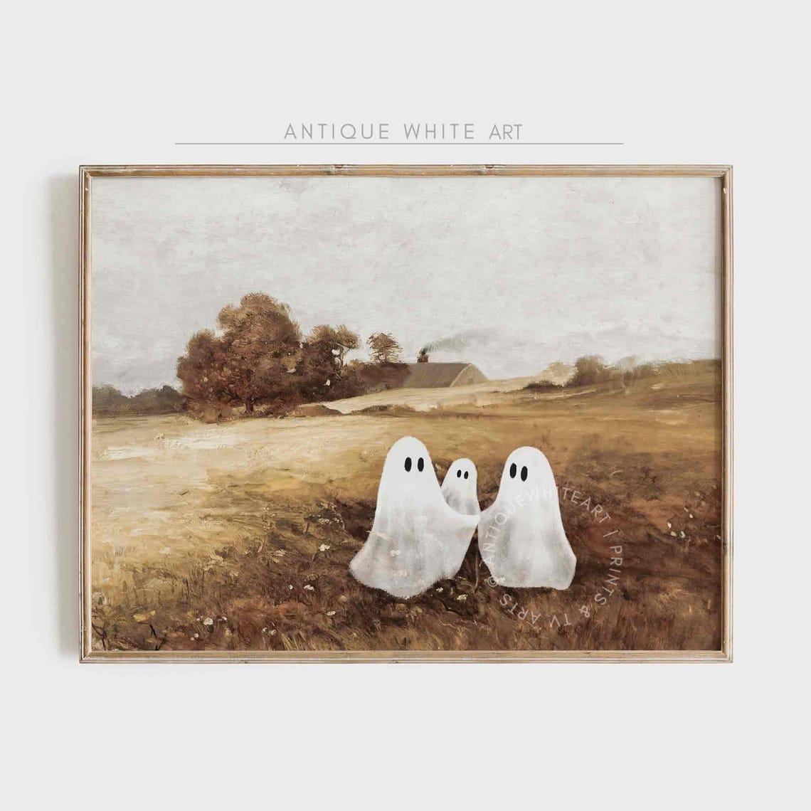 Ghost Family Autumn Field Vintage Fall Landscape Cute Halloween Poster