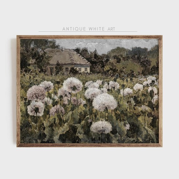 Dandelion Field Thatched Cottage Vintage Wildflower Landscape Poster