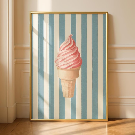 Ice Cream Funky Kitchen Art Print, Stripey Blue