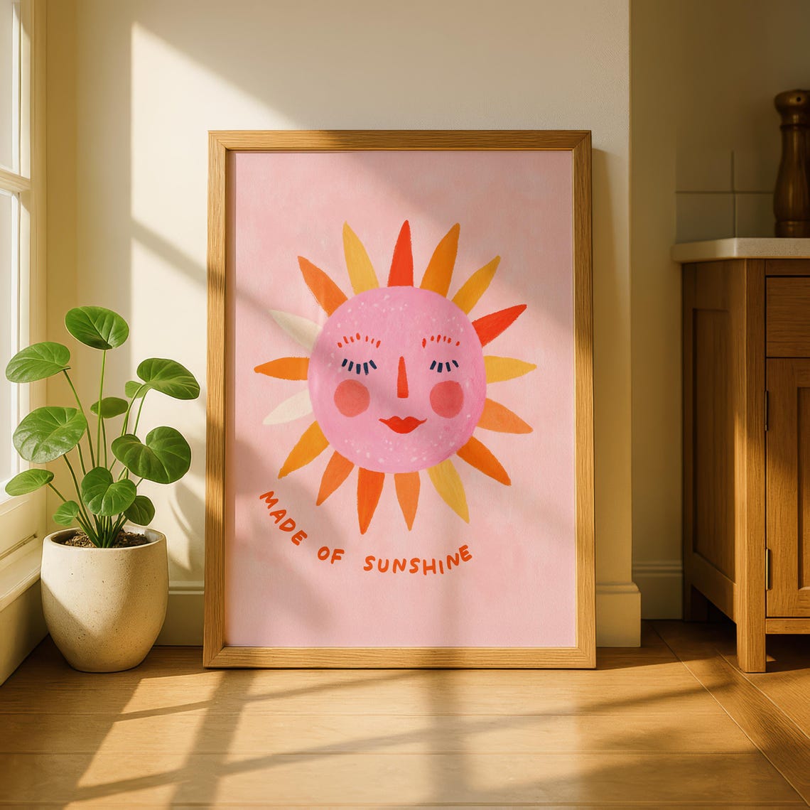 Made Of Sunshine Smiling Sun Face Pink Boho Nursery Wall Art