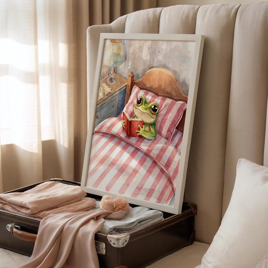 Cute Frog Reading Book In Bed Striped Covers Cozy Nursery Art Poster