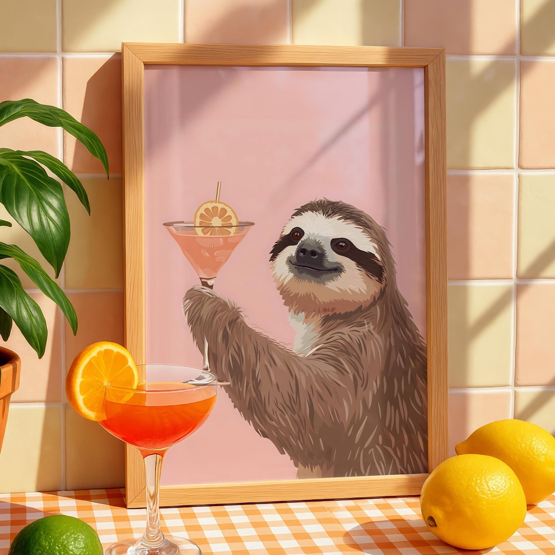 Sloth Alcohol Kitchen Cocktail Art Print