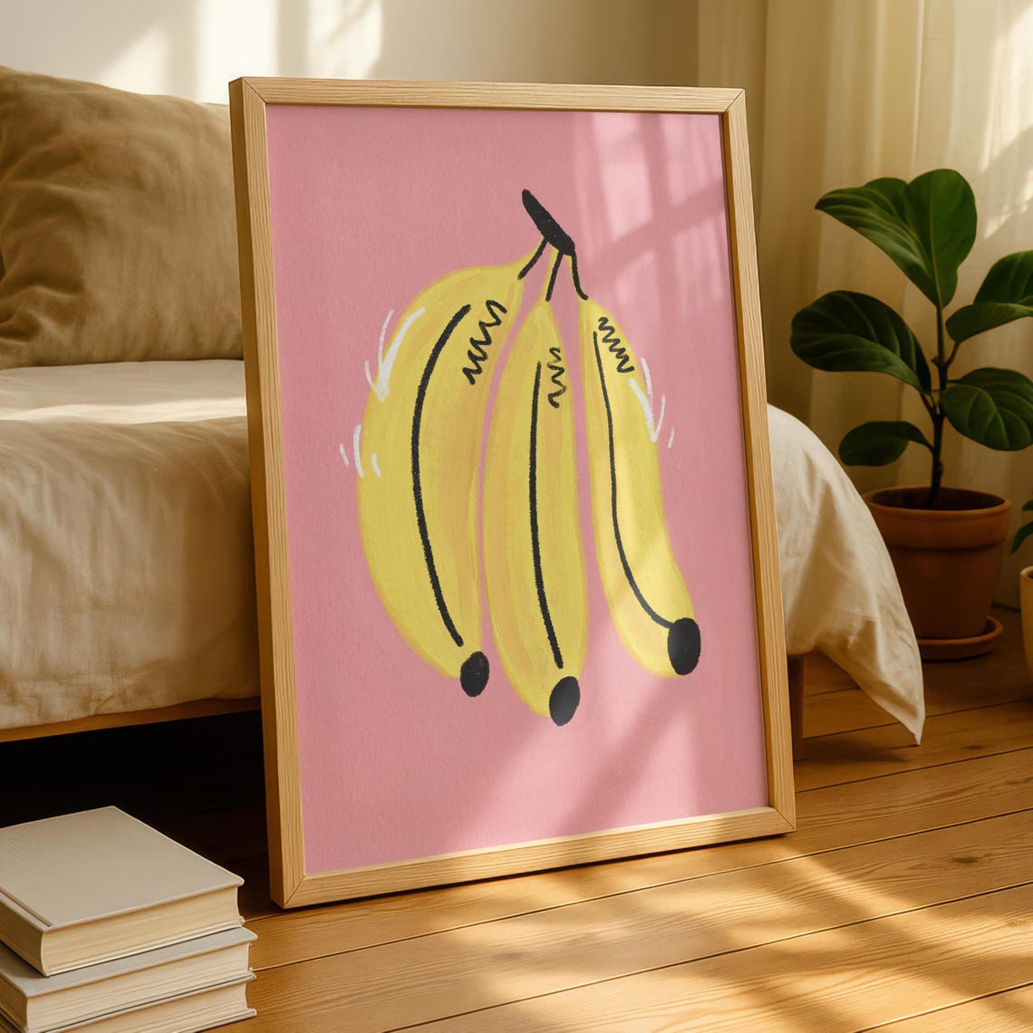 Playful Painted Bananas Bunch Bright Pink Fruit Kitchen Wall Poster
